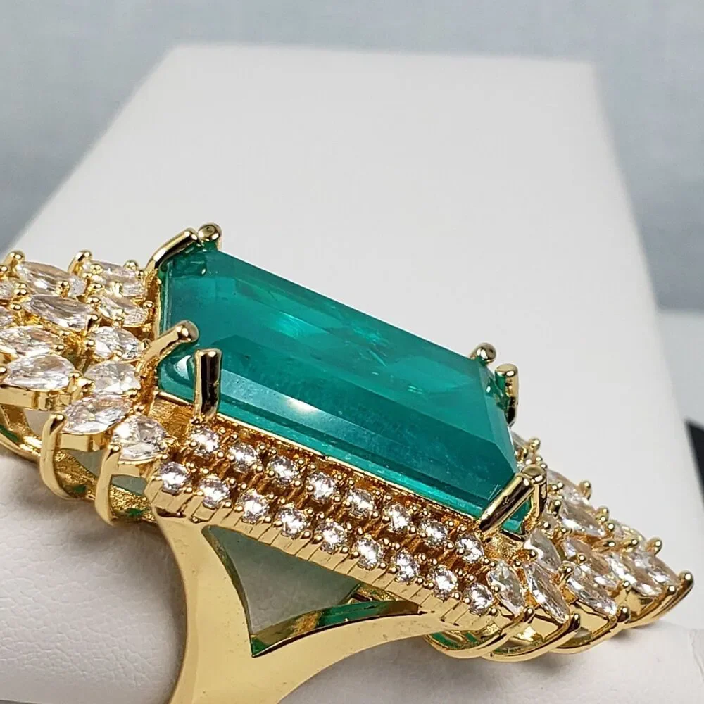 Signed Princess Doublet Natural Emerald with CZ 18KGL Size 9 Cocktail Ring - Picture 10 of 16